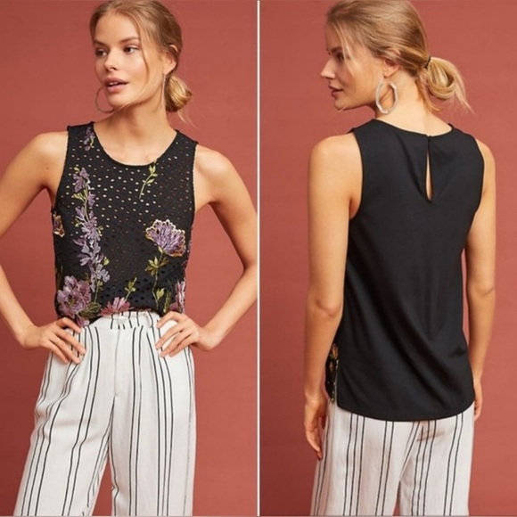 MEADOW RUE | Anthropologie S Harriet Floral Black Embroidery Eyelet Stretch Tank - Picture 2 of 15
